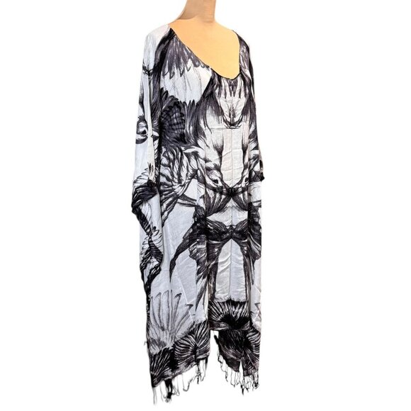 Theodora & Callum Caftan Dress One Size Beach Cover-Up Bird Printed Fringe Boho - Picture 4 of 10
